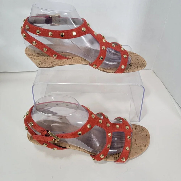 Michael Kors Women’s 9 Cork Wedge Orange Suede Studded Strappy Thong Sandals - Picture 10 of 10